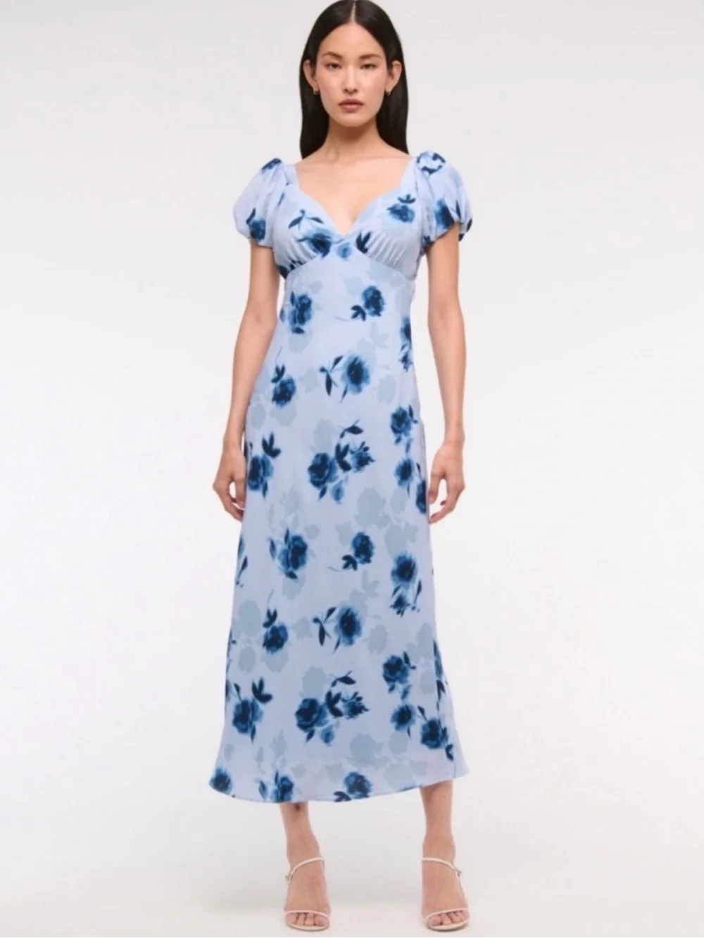 Blue Floral Midi Dress with Puff Sleeves